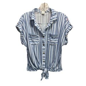 Passport‎ Blue/White Striped Short Sleeve Collared Button Up Tie Waist Top Sz M